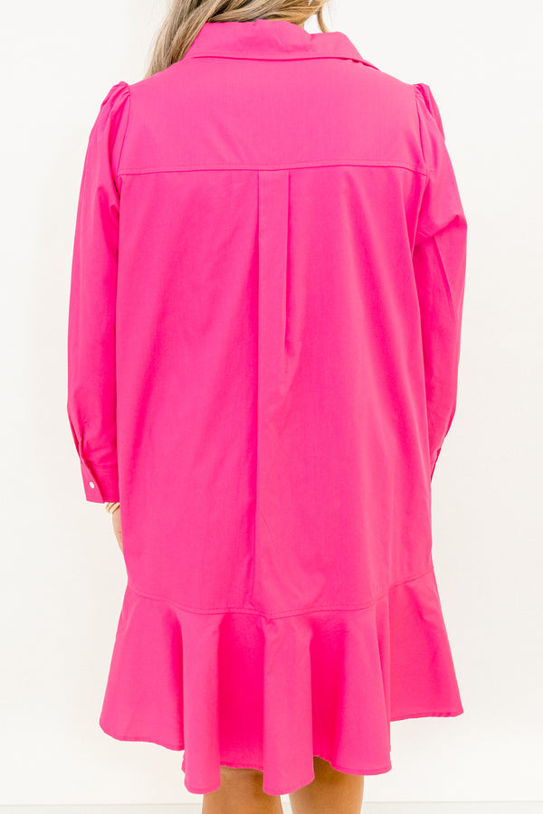 Chic Soul plus size clothing, fuchsia pink long sleeve short dress with collar and buttons a quarter of the way down the front