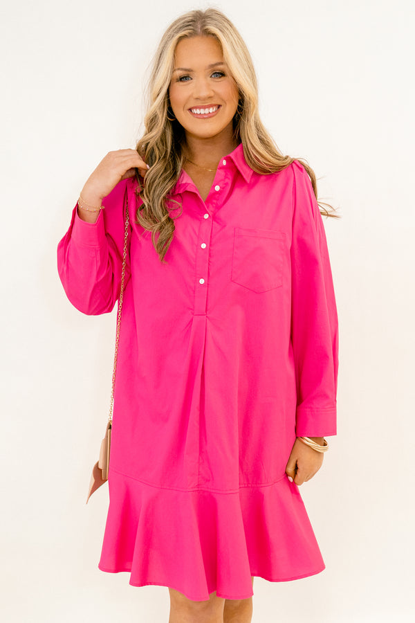 Chic Soul plus size clothing, fuchsia pink long sleeve short dress with collar and buttons a quarter of the way down the front