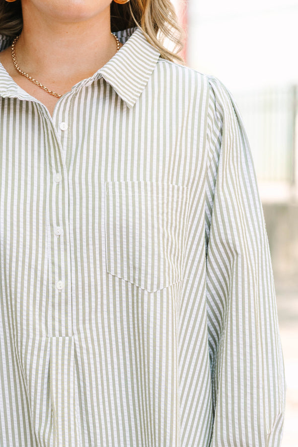 Plus Size green and white striped long sleeve shirt dress with a collared neckline and ruffle hem.