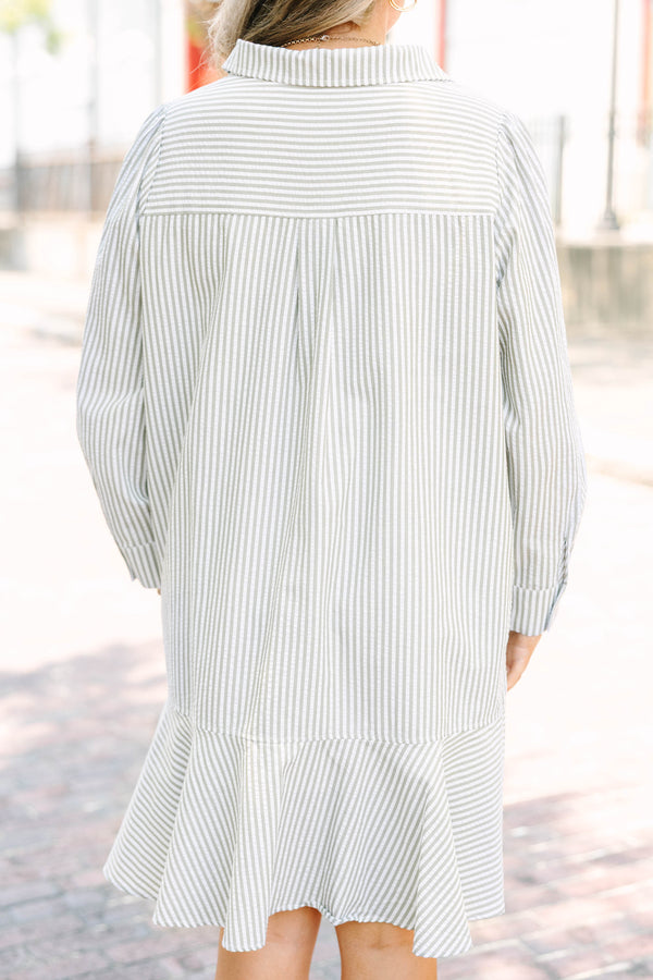 Plus Size green and white striped long sleeve shirt dress with a collared neckline and ruffle hem.