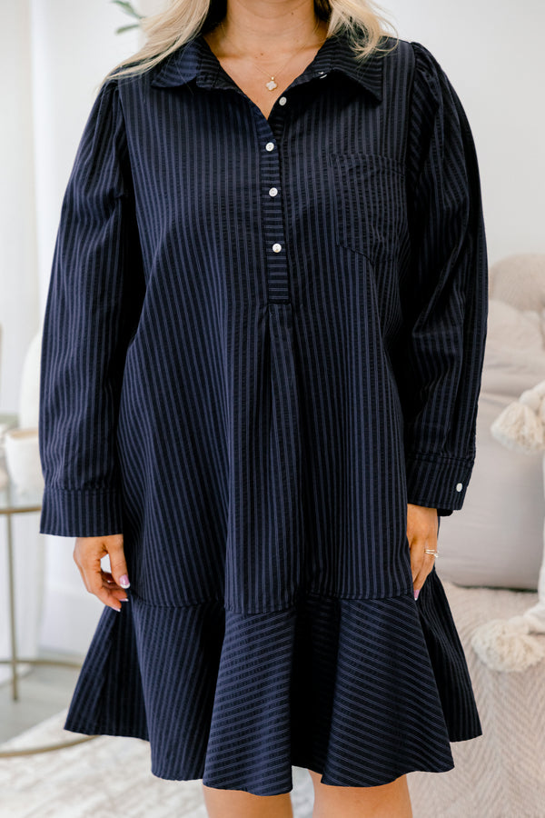 Chic Soul plus size clothing, navy blue pin stripe long sleeve short A-line dress with ruffle hem and buttons down the collar