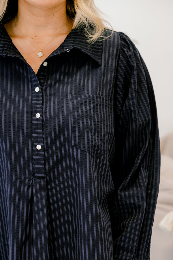 Chic Soul plus size clothing, navy blue pin stripe long sleeve short A-line dress with ruffle hem and buttons down the collar