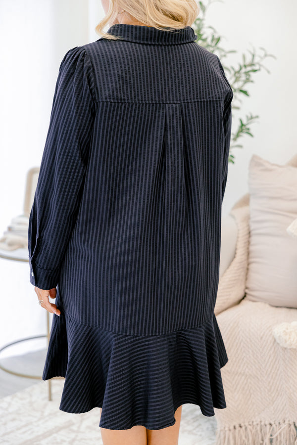 Chic Soul plus size clothing, navy blue pin stripe long sleeve short A-line dress with ruffle hem and buttons down the collar