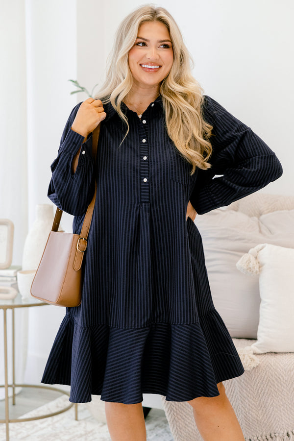 Chic Soul plus size clothing, navy blue pin stripe long sleeve short A-line dress with ruffle hem and buttons down the collar