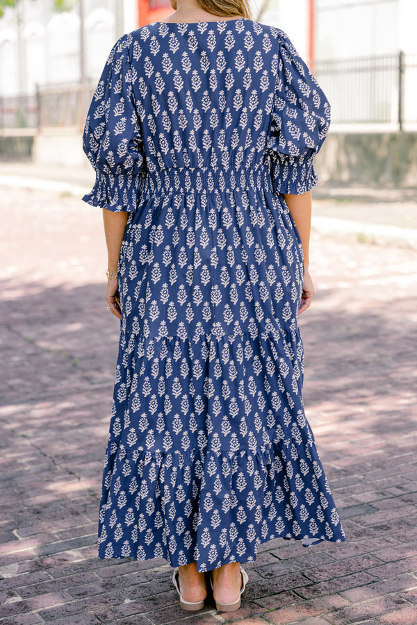 Chic Soul plus size clothing, navy tiered maxi dress with half sleeves and a floral pattern 