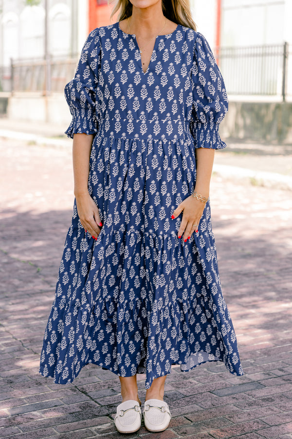 Chic Soul plus size clothing, navy tiered maxi dress with half sleeves and a floral pattern 