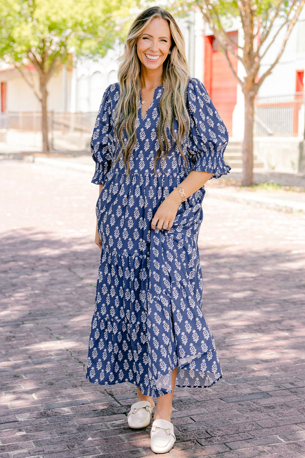 Chic Soul plus size clothing, navy tiered maxi dress with half sleeves and a floral pattern 