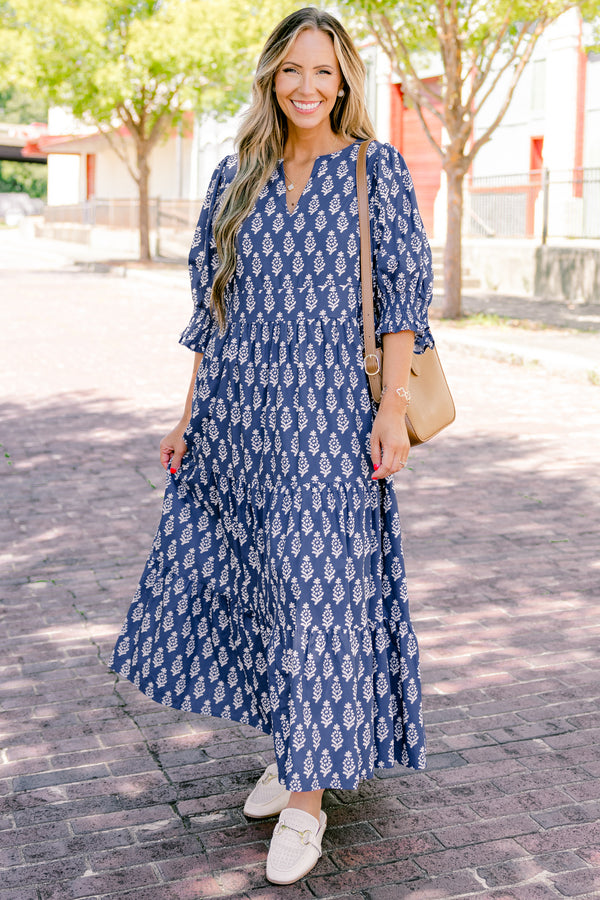 Chic Soul plus size clothing, navy tiered maxi dress with half sleeves and a floral pattern 