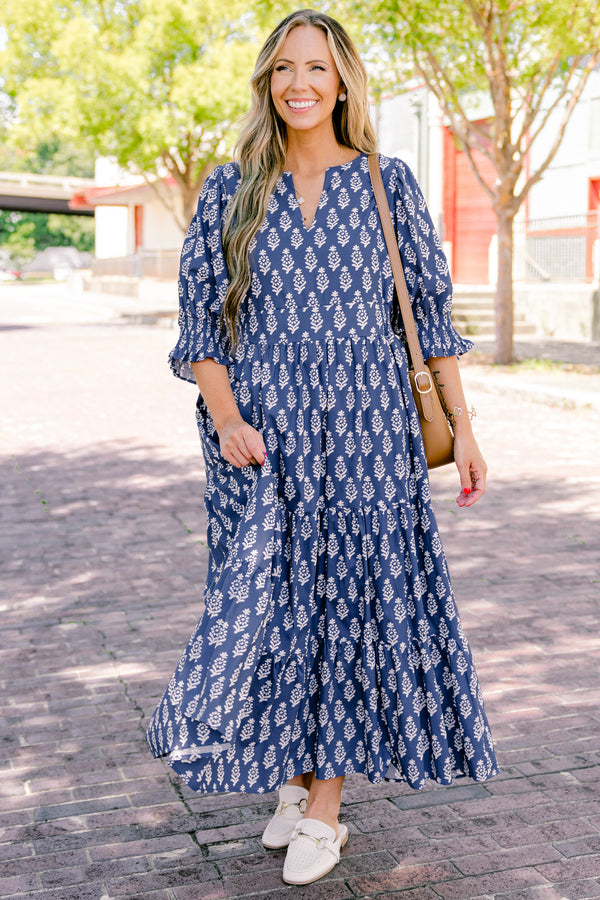 Chic Soul plus size clothing, navy tiered maxi dress with half sleeves and a floral pattern 