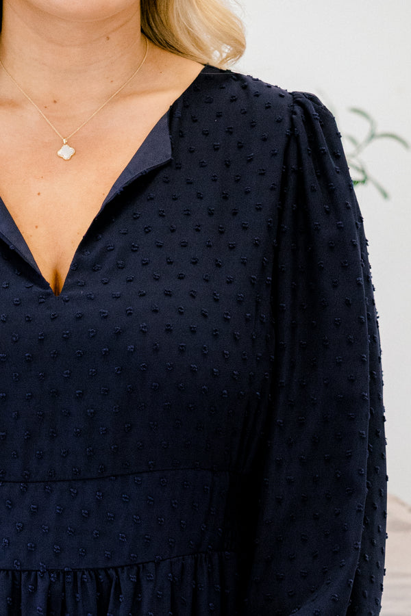 Chic Soul Plus size clothing, navy maxi dress with half bubble sleeves and a raised polka dot pattern and slight v-neckline 
