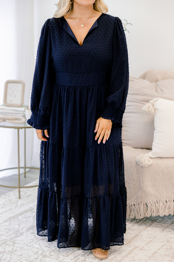 Chic Soul Plus size clothing, navy maxi dress with half bubble sleeves and a raised polka dot pattern and slight v-neckline 
