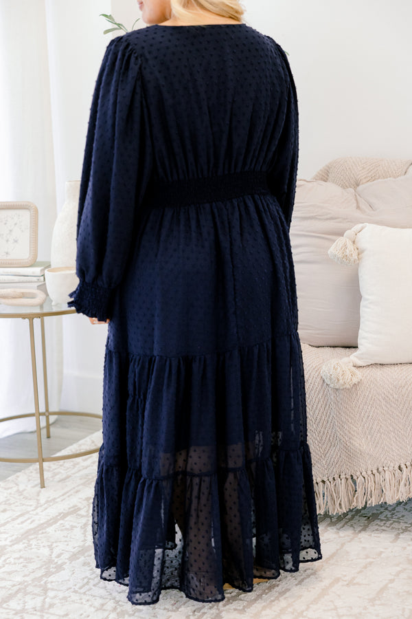 Chic Soul Plus size clothing, navy maxi dress with half bubble sleeves and a raised polka dot pattern and slight v-neckline 
