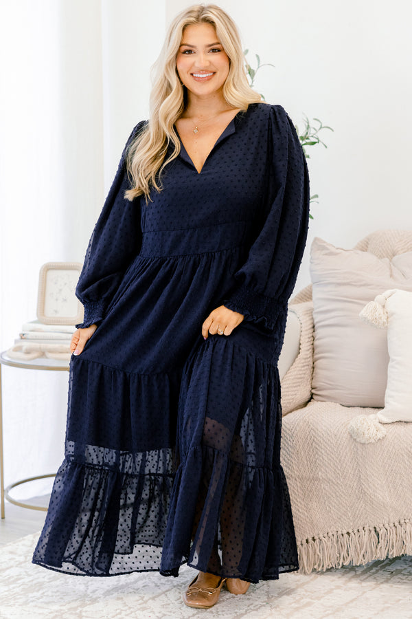 Chic Soul Plus size clothing, navy maxi dress with half bubble sleeves and a raised polka dot pattern and slight v-neckline 
