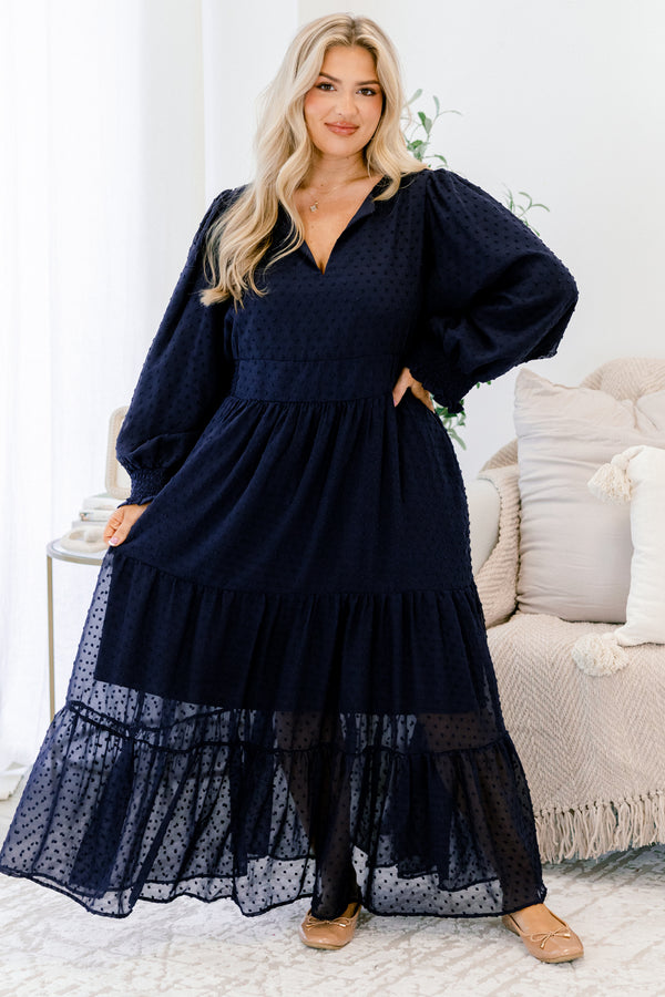 Chic Soul Plus size clothing, navy maxi dress with half bubble sleeves and a raised polka dot pattern and slight v-neckline 
