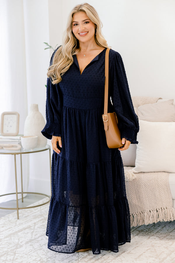 Chic Soul Plus size clothing, navy maxi dress with half bubble sleeves and a raised polka dot pattern and slight v-neckline 
