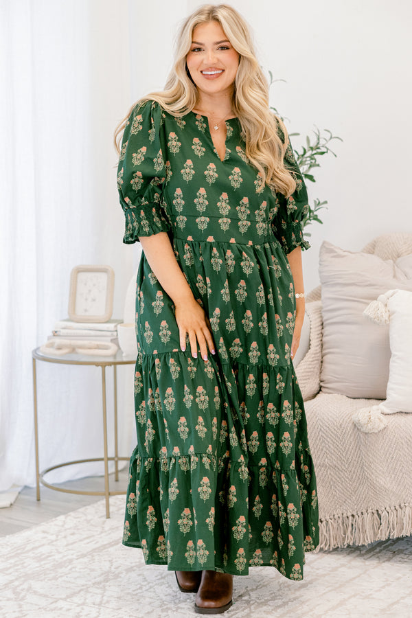 Chic Soul plus size clothing, dark green block patterned tiered maxi dress with short puff sleeves and subtle v neckline