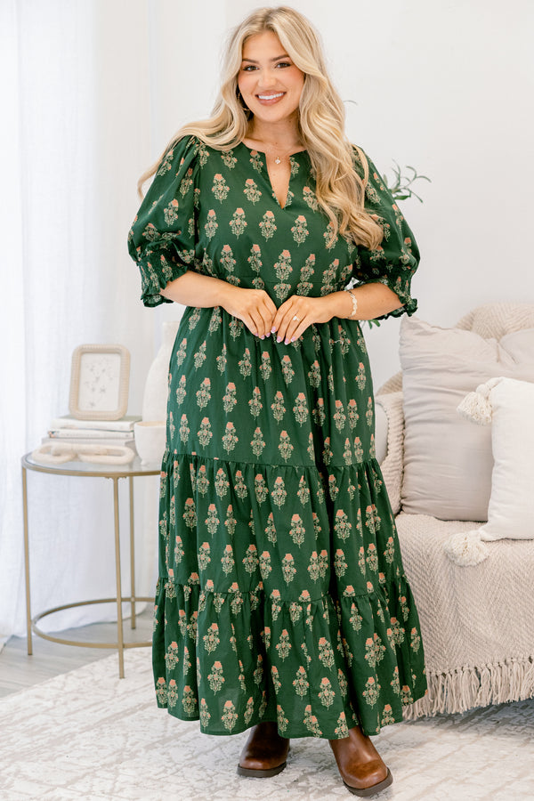 Chic Soul plus size clothing, dark green block patterned tiered maxi dress with short puff sleeves and subtle v neckline