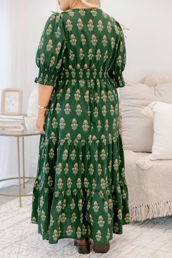 Chic Soul plus size clothing, dark green block patterned tiered maxi dress with short puff sleeves and subtle v neckline