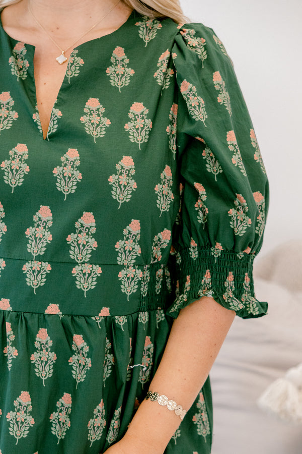 Chic Soul plus size clothing, dark green block patterned tiered maxi dress with short puff sleeves and subtle v neckline