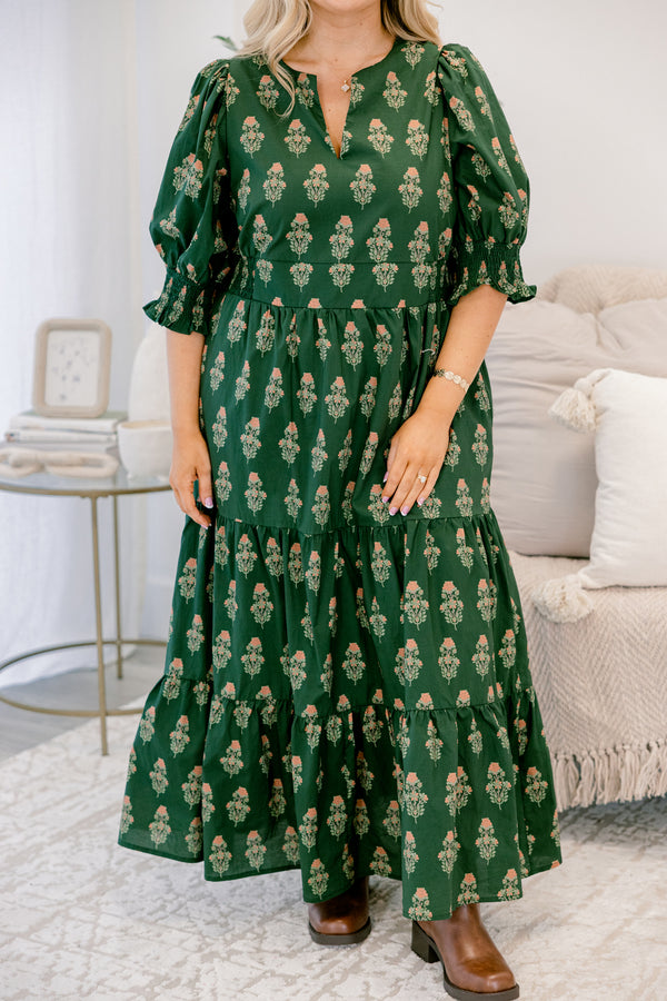 Chic Soul plus size clothing, dark green block patterned tiered maxi dress with short puff sleeves and subtle v neckline