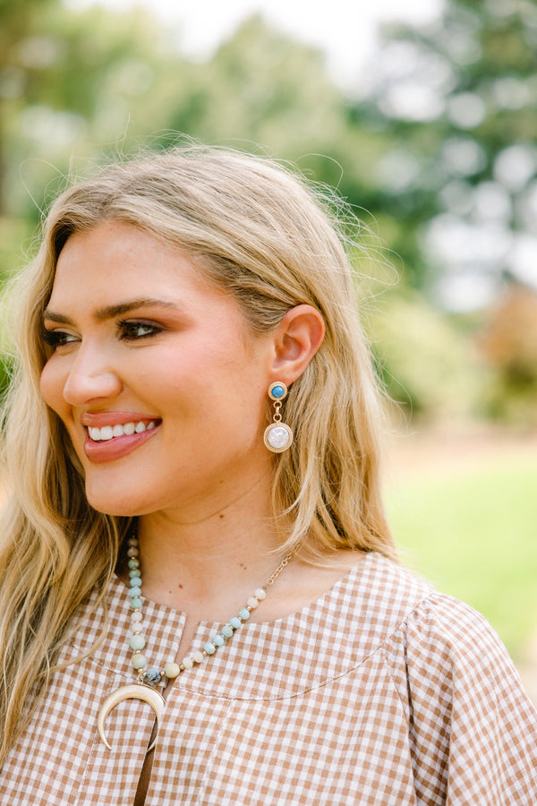 Chic Soul plus size clothing, turquoise and gold stud earrings with pear drop down