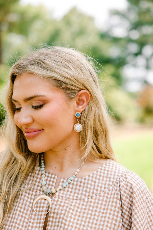 Chic Soul plus size clothing, turquoise and gold stud earrings with pear drop down