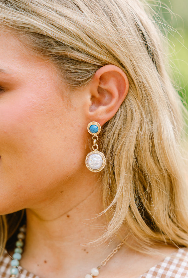 Chic Soul plus size clothing, turquoise and gold stud earrings with pear drop down