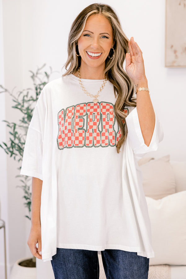 Chic Soul plus size clothing, white short sleeve graphic tee with the word 