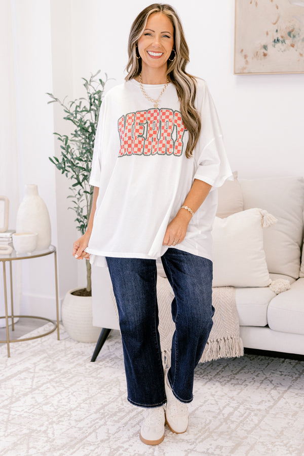 Chic Soul plus size clothing, white short sleeve graphic tee with the word 