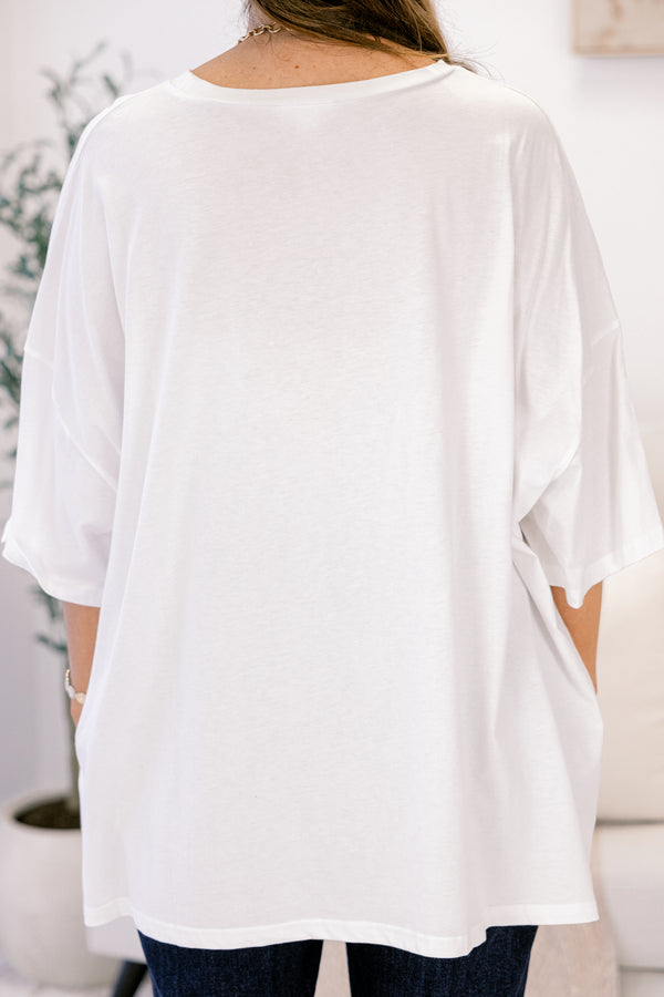 Chic Soul plus size clothing, white short sleeve graphic tee with the word 