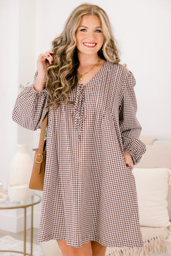 Chic Soul plus size clothing, brown gingham pattern long sleeve short dress with cinched sleeves at the wrist and tie at the top
