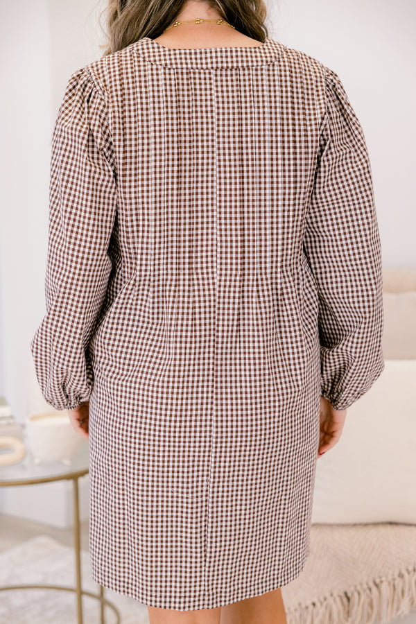 Chic Soul plus size clothing, brown gingham pattern long sleeve short dress with cinched sleeves at the wrist and tie at the top