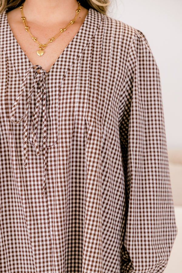 Chic Soul plus size clothing, brown gingham pattern long sleeve short dress with cinched sleeves at the wrist and tie at the top