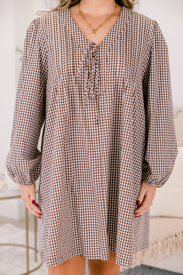 Chic Soul plus size clothing, brown gingham pattern long sleeve short dress with cinched sleeves at the wrist and tie at the top