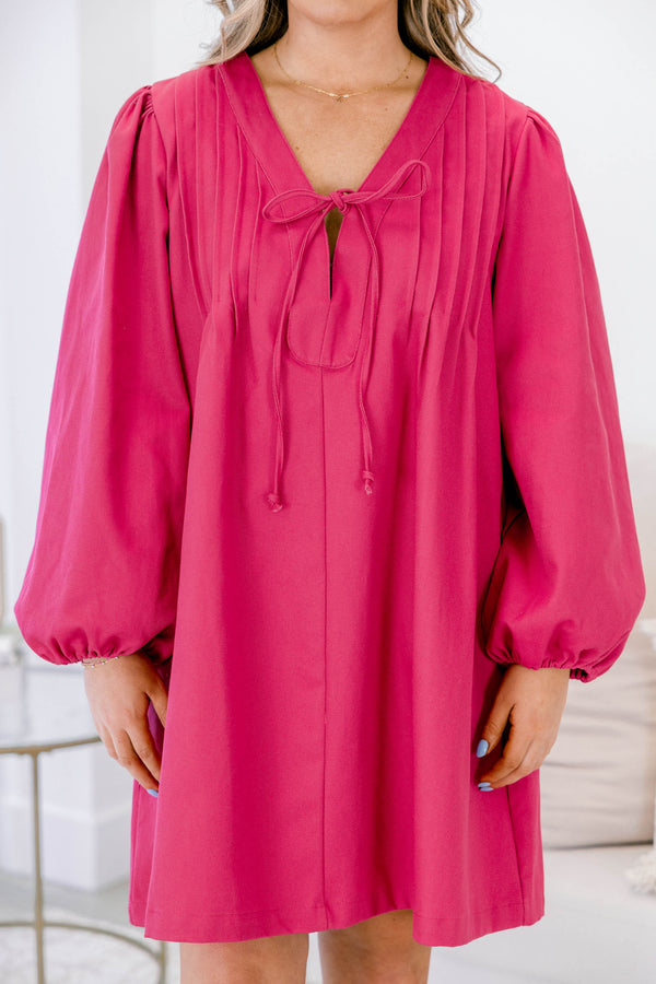 Chic Soul plus size clothing, hot pink long sleeve short straight cut v neck dress with a bow tied at the neckline