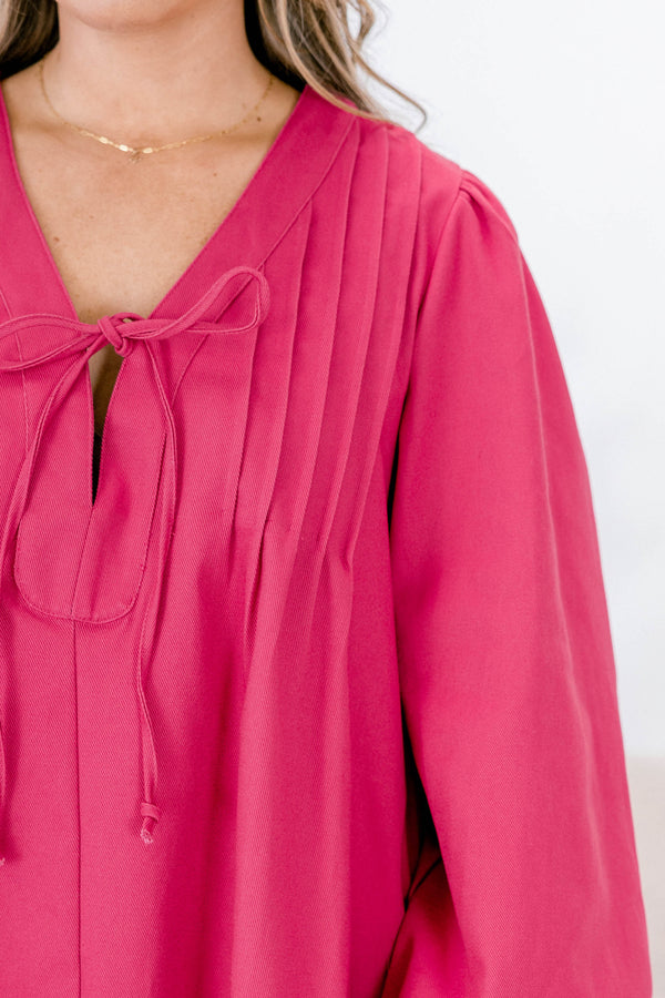 Chic Soul plus size clothing, hot pink long sleeve short straight cut v neck dress with a bow tied at the neckline