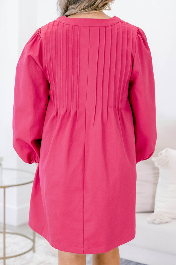 Chic Soul plus size clothing, hot pink long sleeve short straight cut v neck dress with a bow tied at the neckline