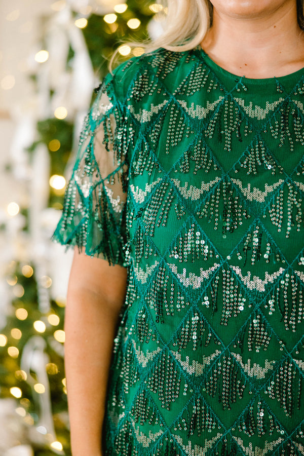 Chic Soul plus size clothing, hunter green colored short sleeve short length dress with glitter bead detailing