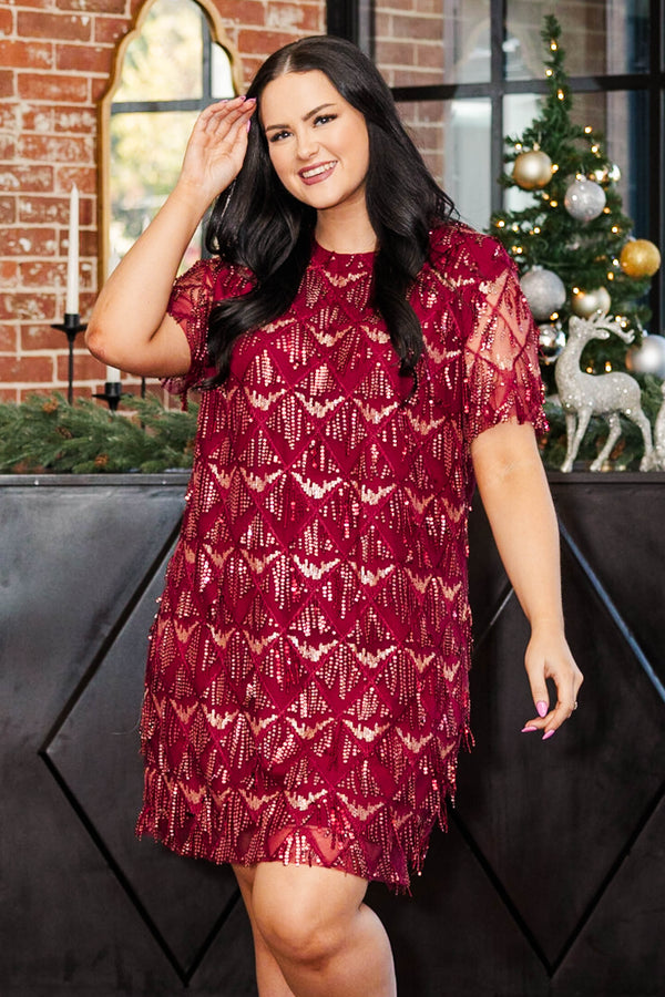 Chic Soul plus size clothing, wine colored short sleeve short length dress with triangualar beaded glitter detailing