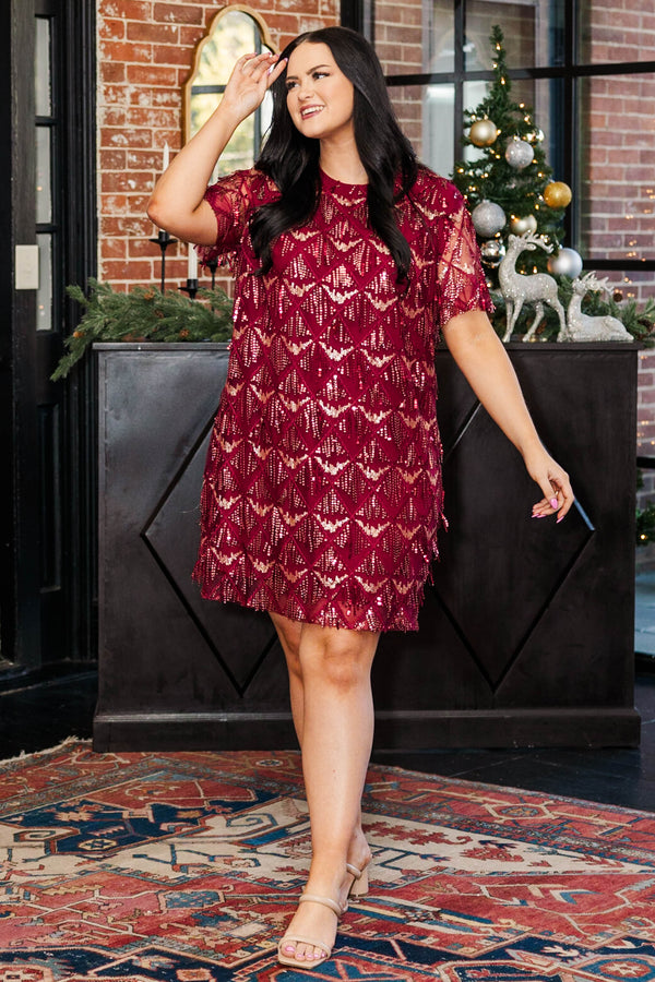 Chic Soul plus size clothing, wine colored short sleeve short length dress with triangualar beaded glitter detailing