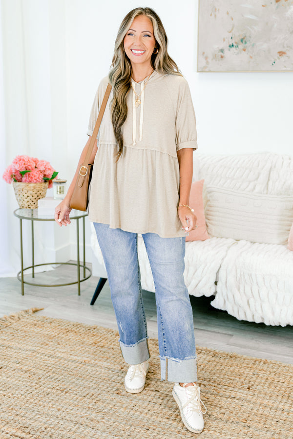 Chic Soul plus size clothing, short sleeve camel brown baby doll hoodie with tan drawstrings and puffed sleeves