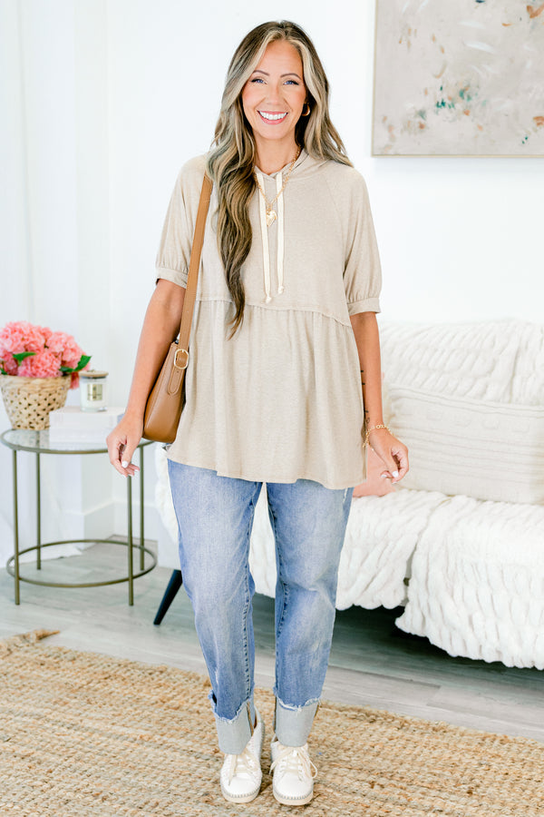 Chic Soul plus size clothing, short sleeve camel brown baby doll hoodie with tan drawstrings and puffed sleeves