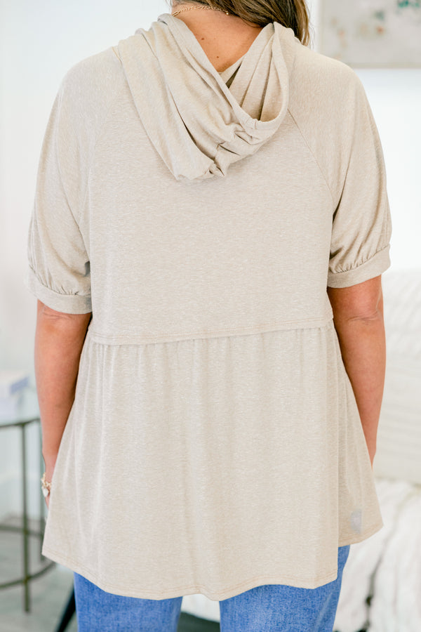 Chic Soul plus size clothing, short sleeve camel brown baby doll hoodie with tan drawstrings and puffed sleeves