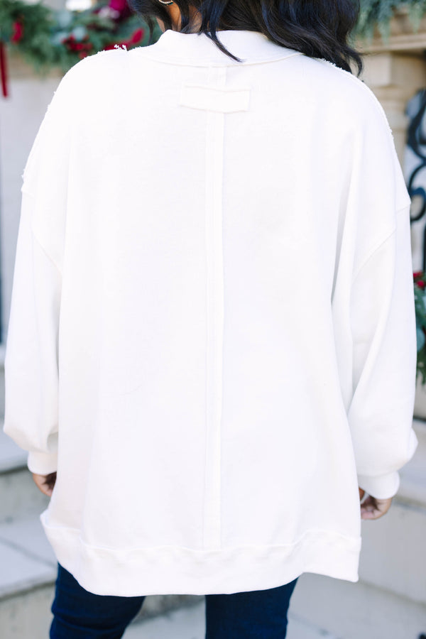 Plus Size ivory mock neck pullover featuring a graphic of three horses with festive holiday bows.