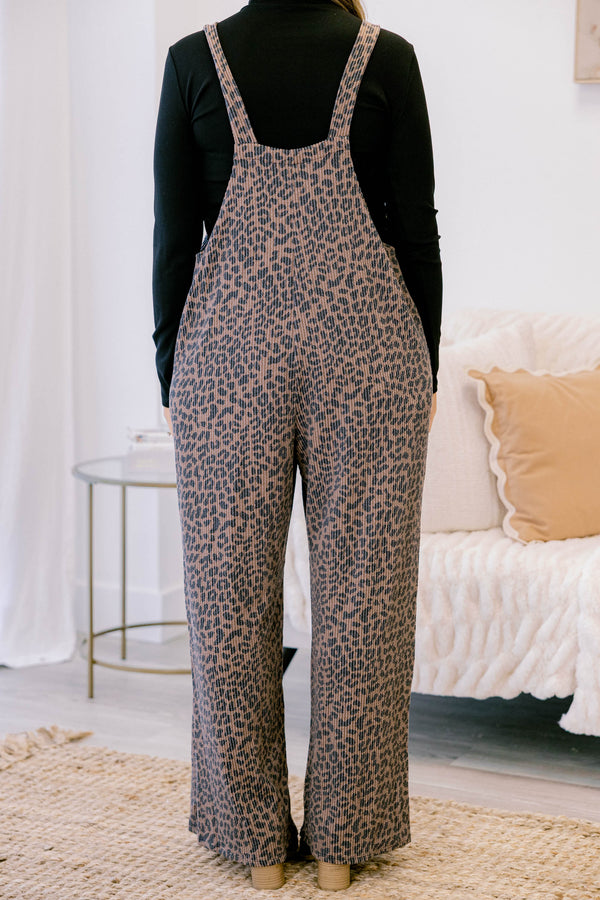 Chic Soul plus size clothing, brown leopard ribbed pants sleeveless jumpsuit