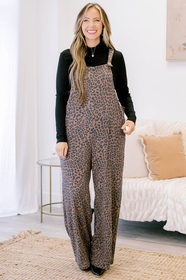 Chic Soul plus size clothing, brown leopard ribbed pants sleeveless jumpsuit