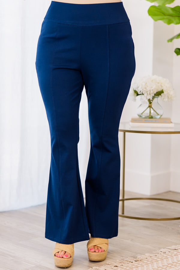 Chic Soul plus size clothing, navy blue flare pants with seamlines