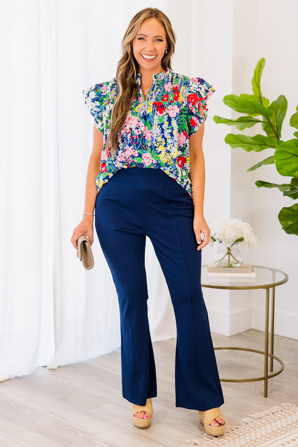 Chic Soul plus size clothing, navy blue flare pants with seamlines