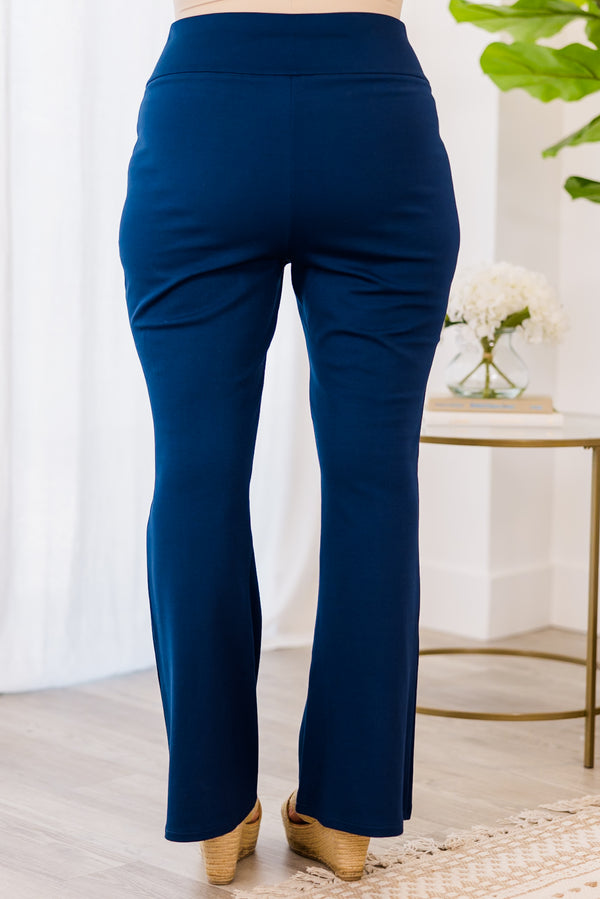 Chic Soul plus size clothing, navy blue flare pants with seamlines