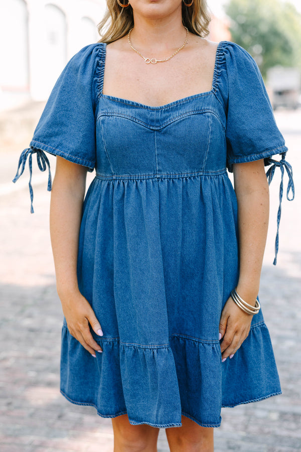Chic Soul plus size clothing, medium wash denim short-bubble sleeve sweetheart neckline babydoll dress with tied bow details on sleeves
